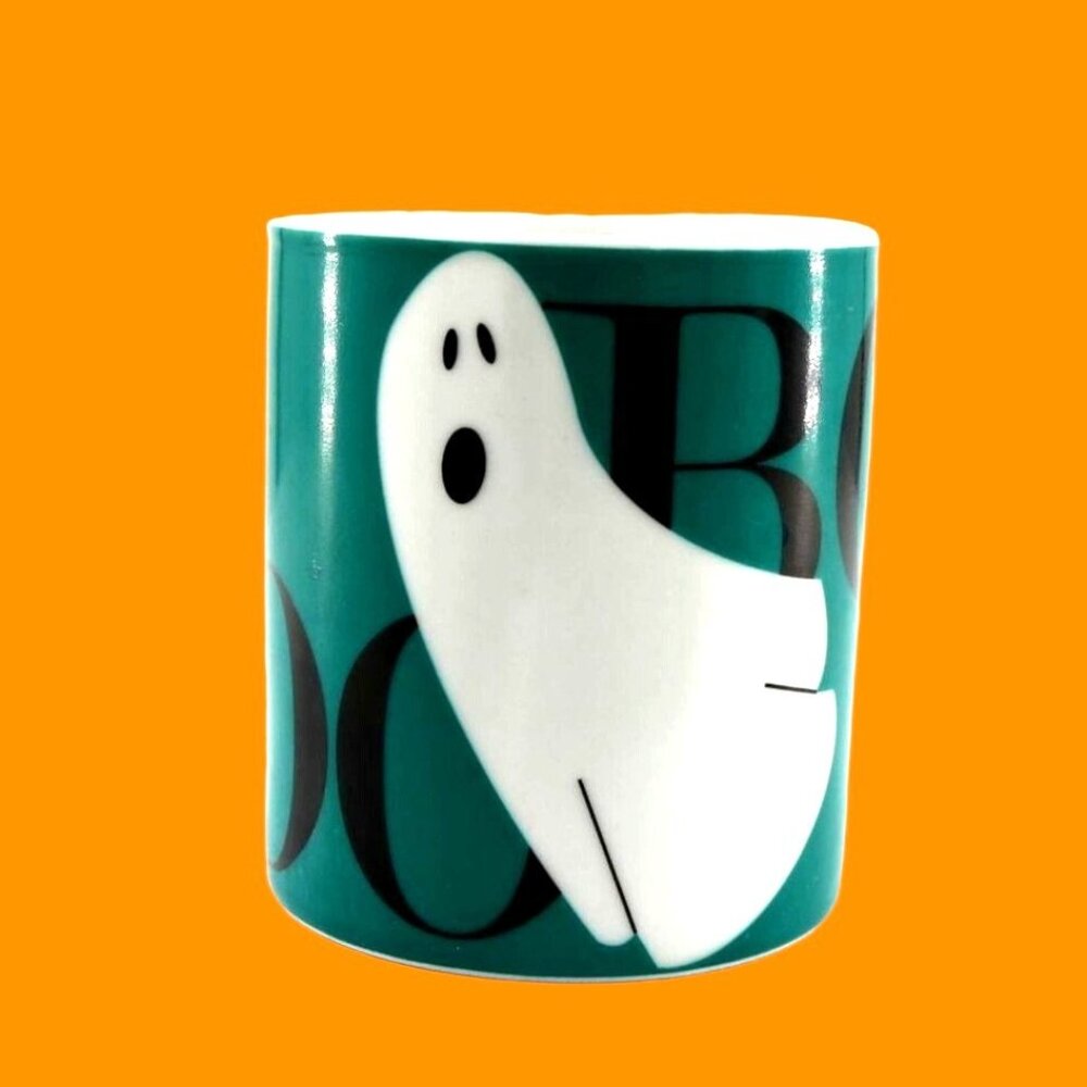 Boo "Ghost" Halloween Mug. 3.5 in Tall  X 3 in Wide. Teal, White and Black.